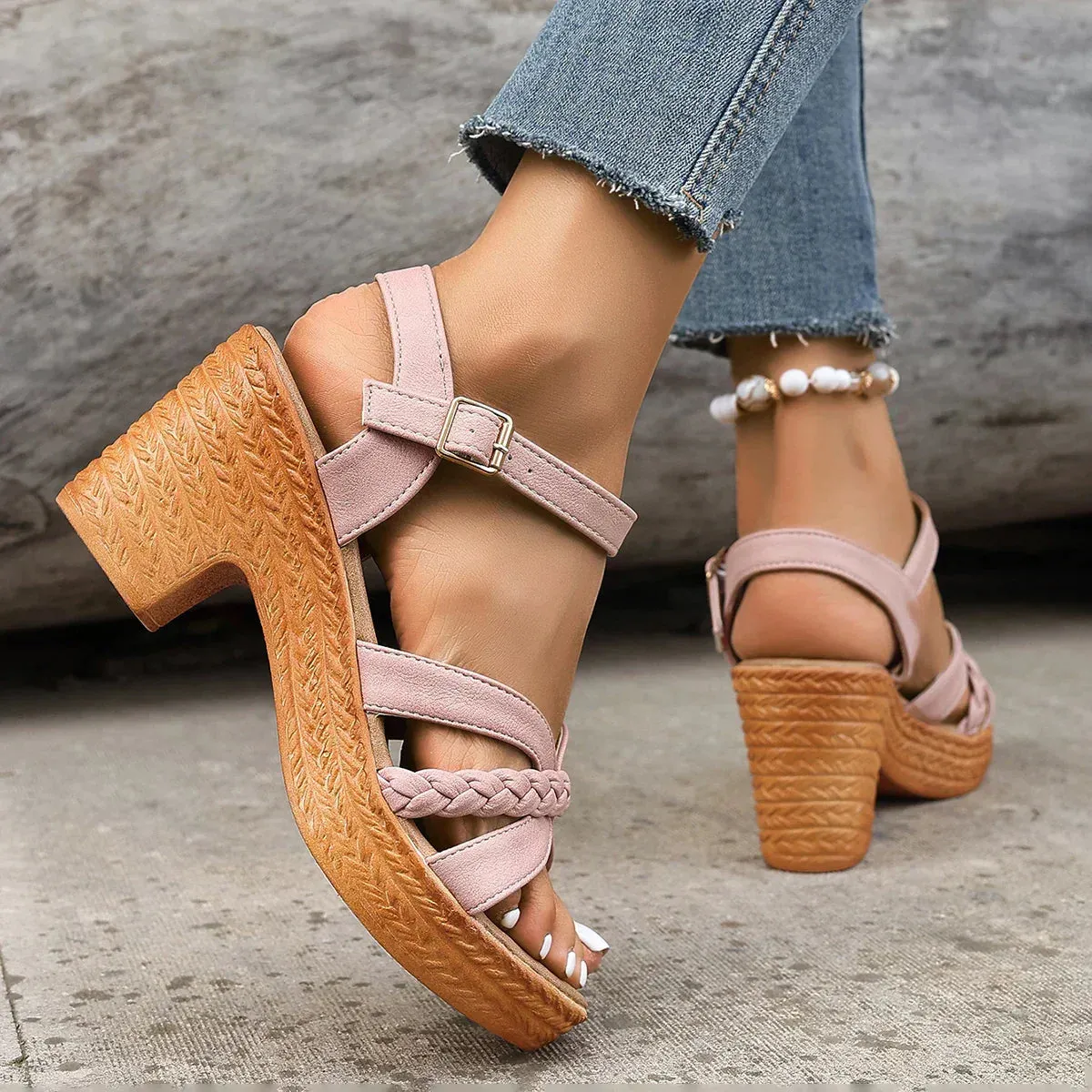 Woven Wedge Ankle Strap Platform Sandals