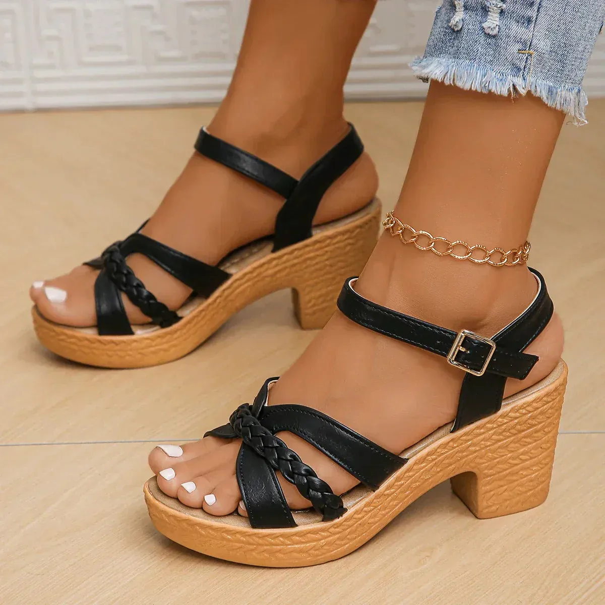 Woven Wedge Ankle Strap Platform Sandals
