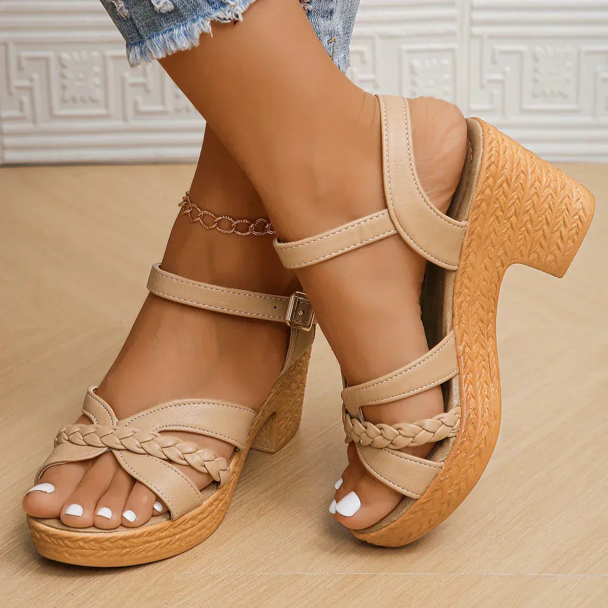 Woven Wedge Ankle Strap Platform Sandals