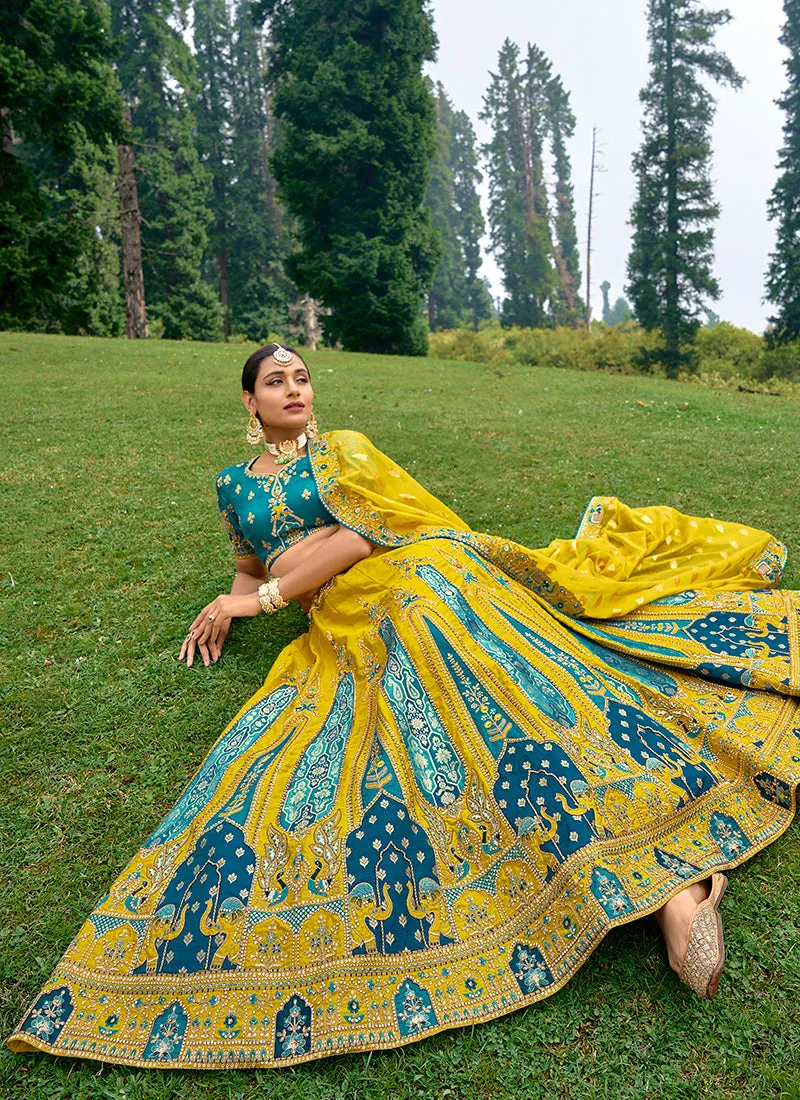 Yellow And Blue Embroidery Wedding Lehenga Choli