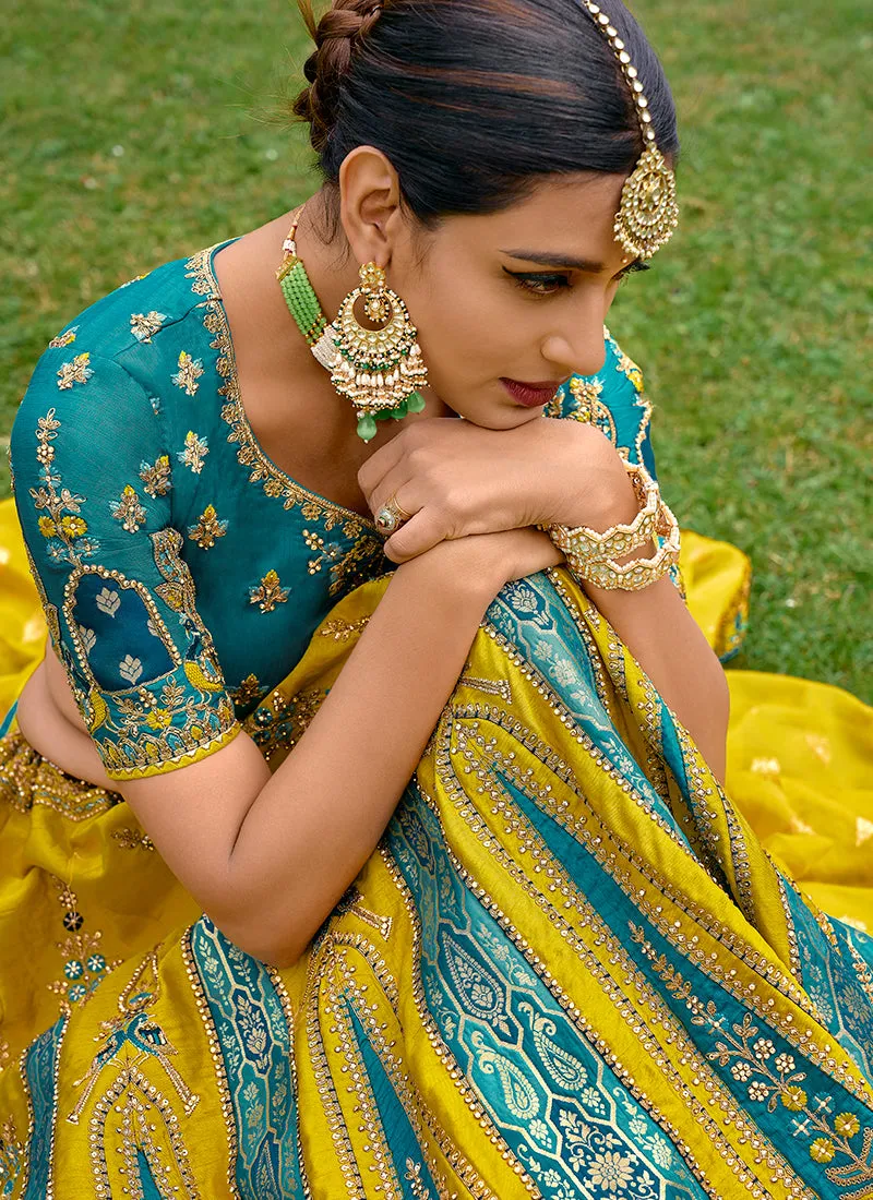 Yellow And Blue Embroidery Wedding Lehenga Choli