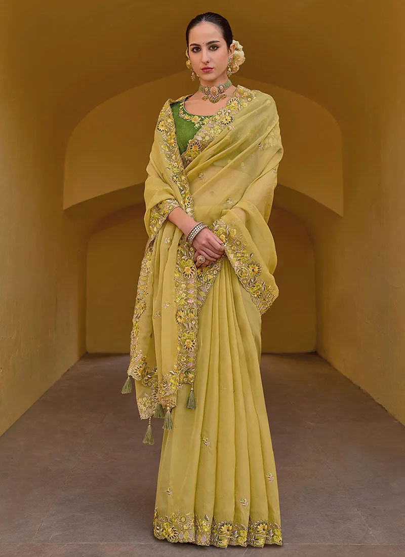Yellow And Green Multi Embroidery Wedding Organza Silk Saree