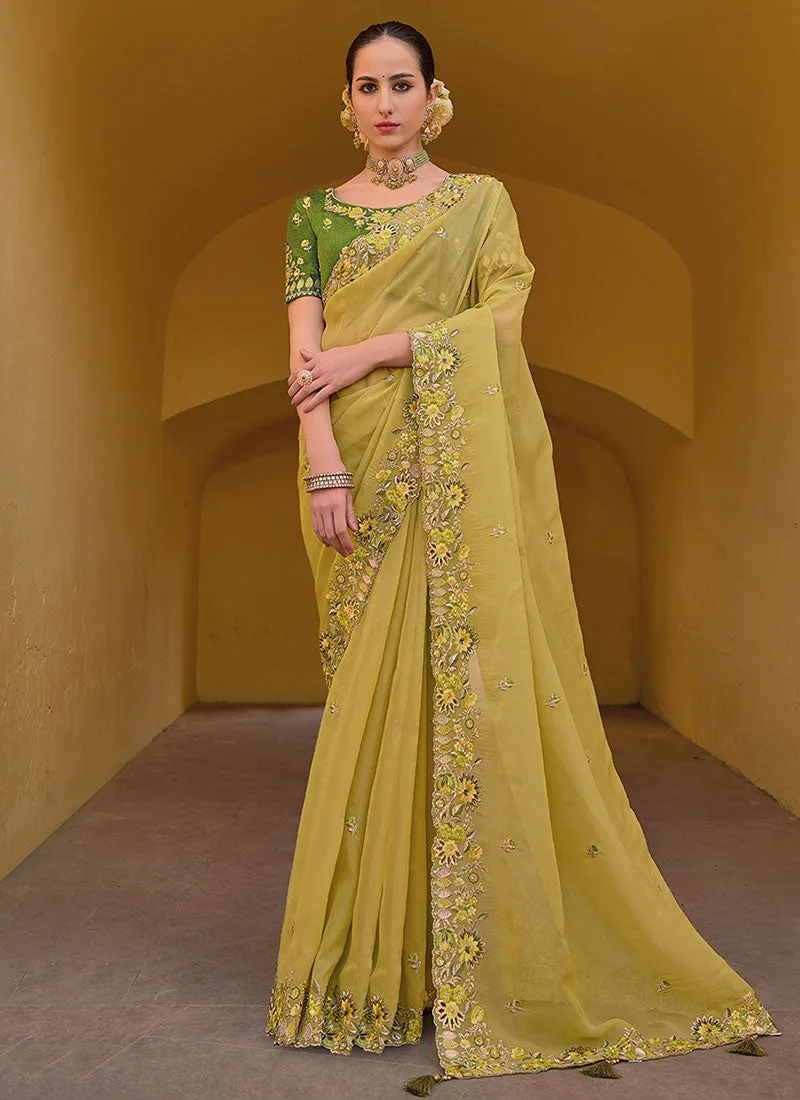 Yellow And Green Multi Embroidery Wedding Organza Silk Saree