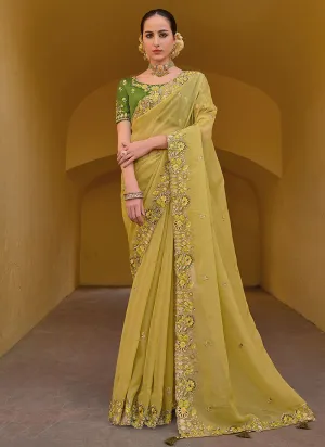 Yellow And Green Multi Embroidery Wedding Organza Silk Saree