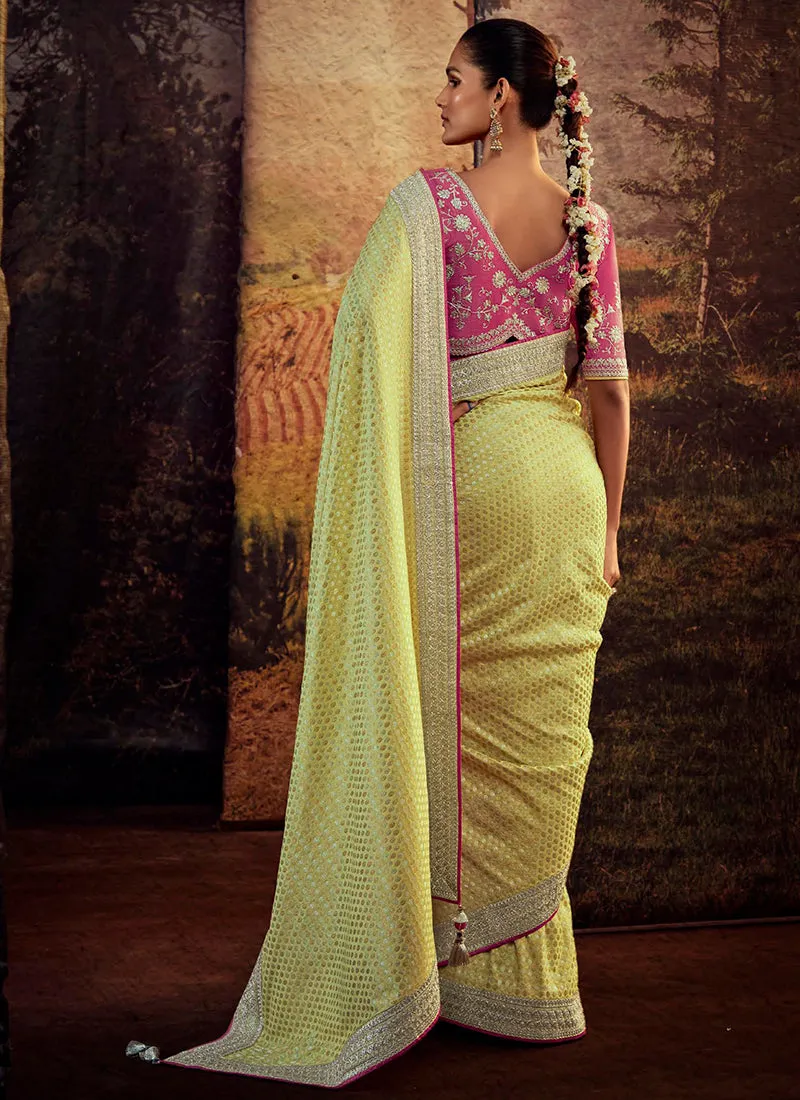 Yellow And Pink Embroidered Organza Silk Saree