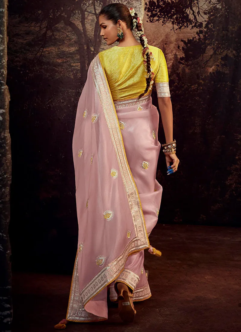 Yellow And Pink Embroidered Organza Silk Saree