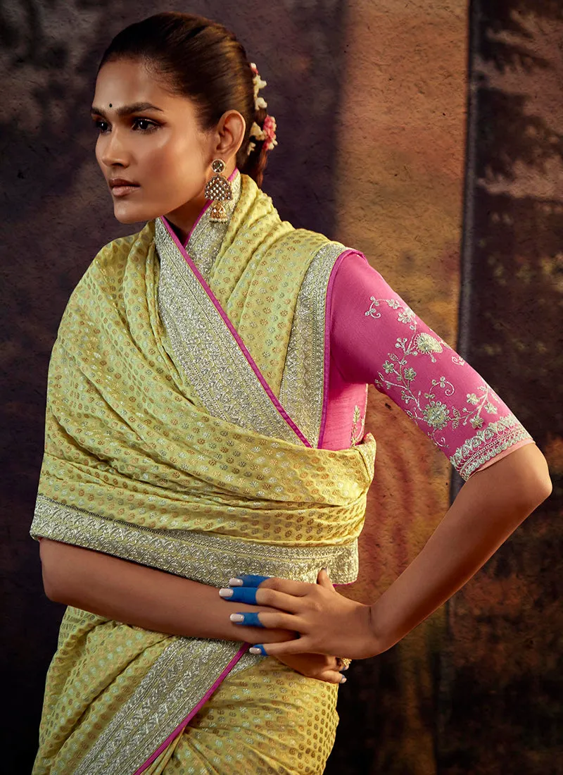 Yellow And Pink Embroidered Organza Silk Saree
