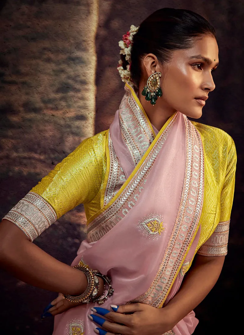 Yellow And Pink Embroidered Organza Silk Saree