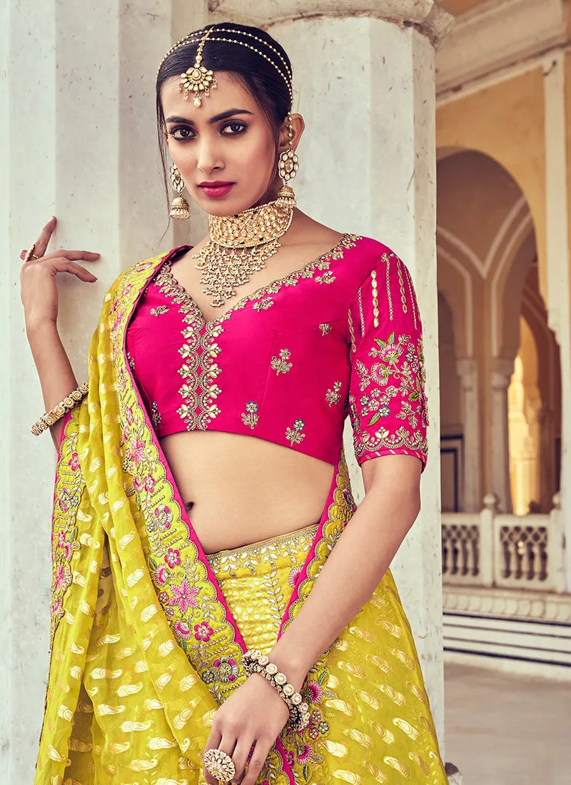 Yellow And Pink Multi Embroidery Wedding Lehenga Choli