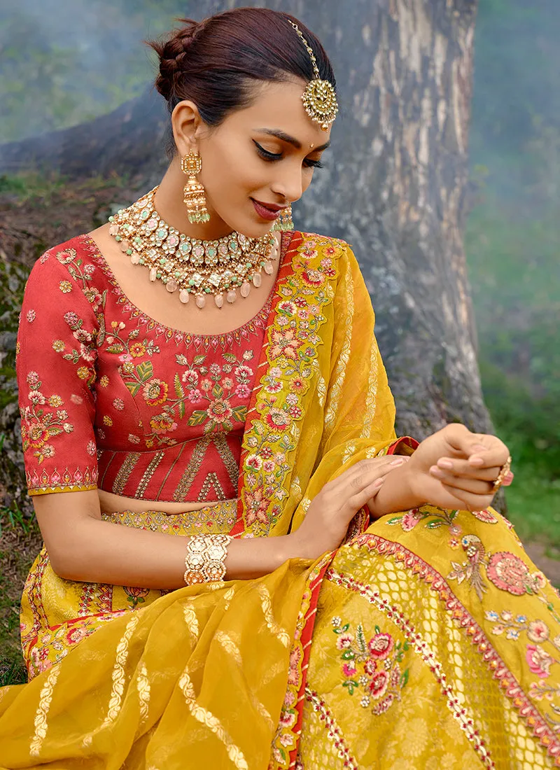 Yellow And Red Embroidery Wedding Lehenga Choli