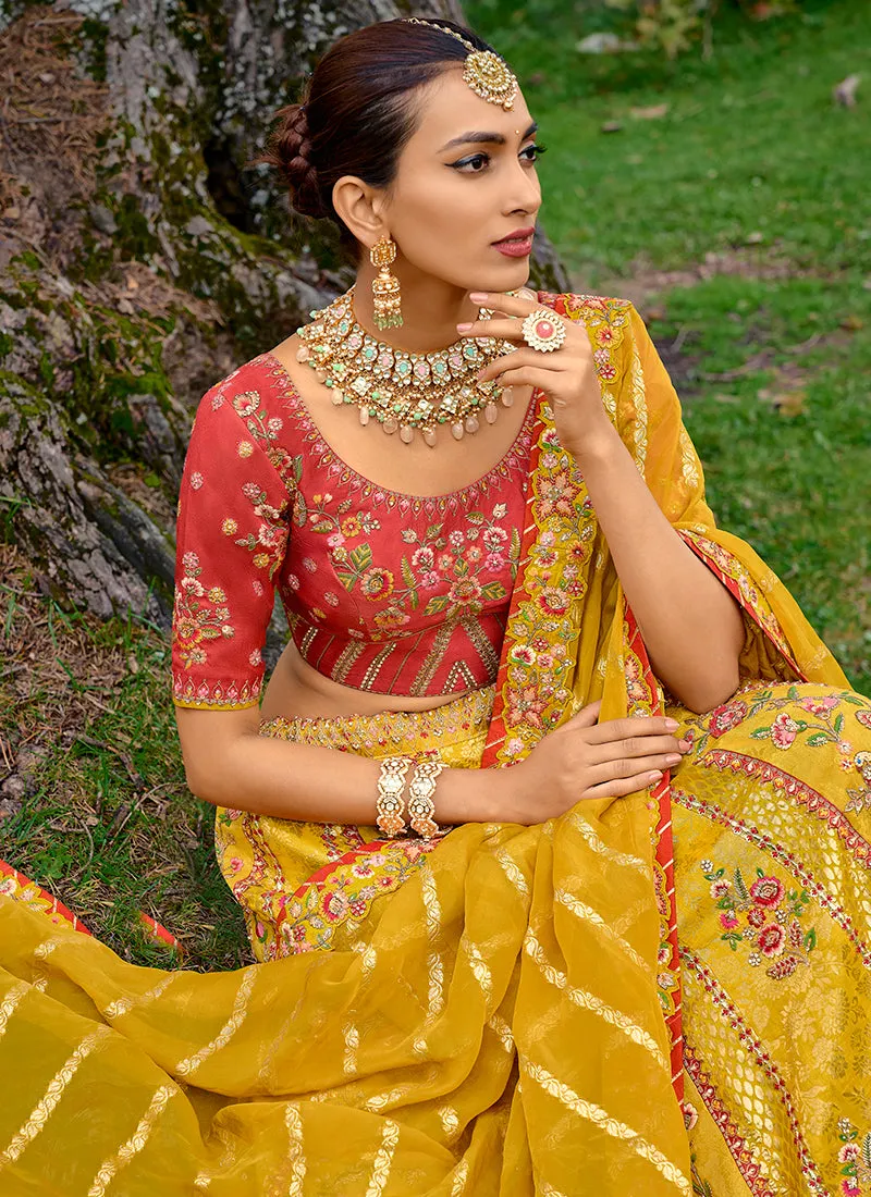 Yellow And Red Embroidery Wedding Lehenga Choli