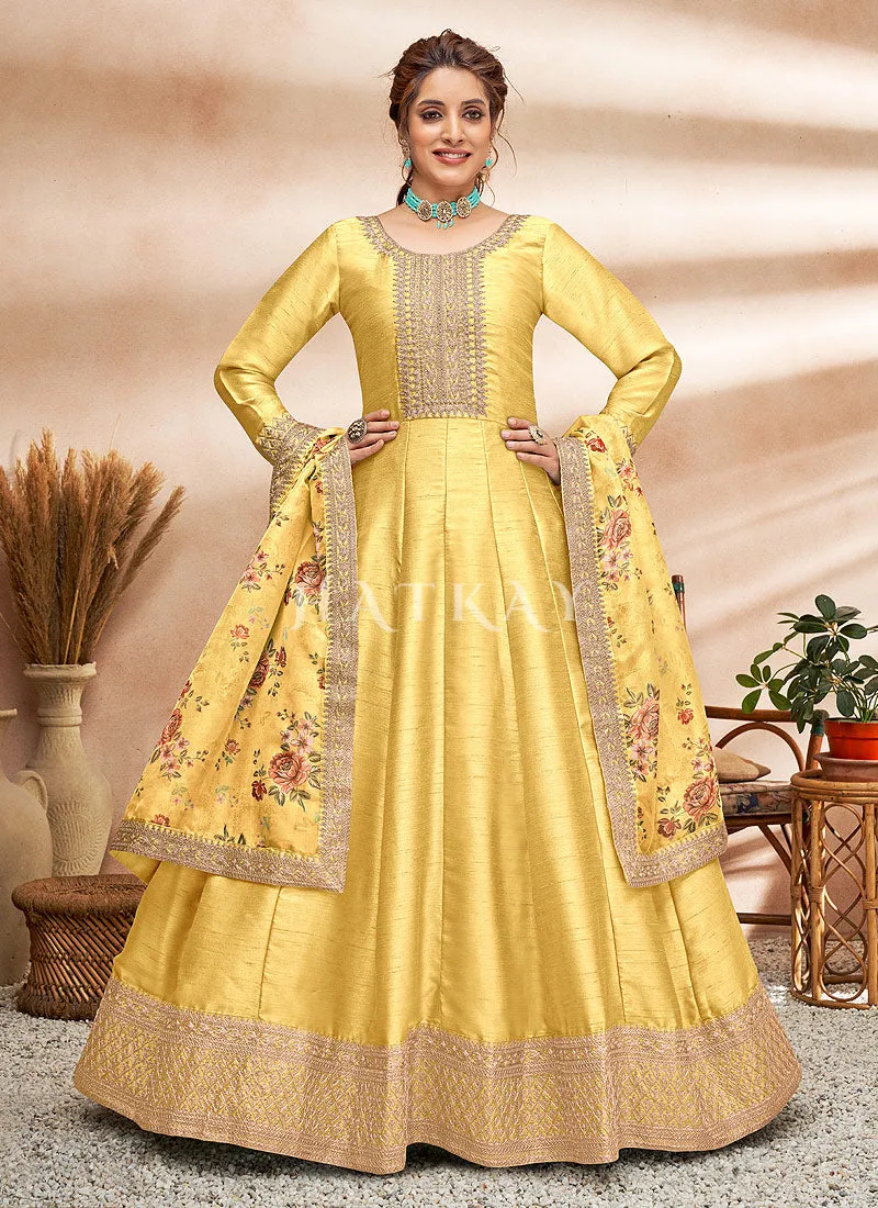 Yellow Embroidered Silk Anarkali Suit