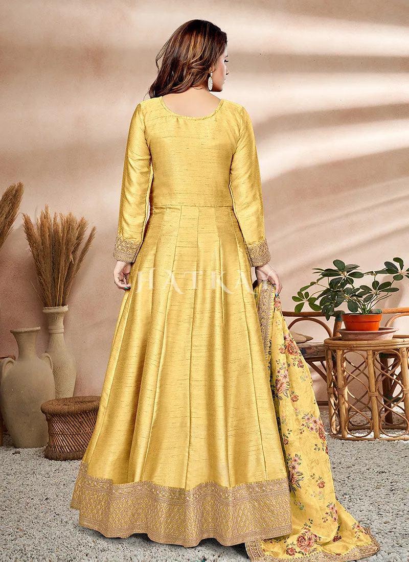 Yellow Embroidered Silk Anarkali Suit