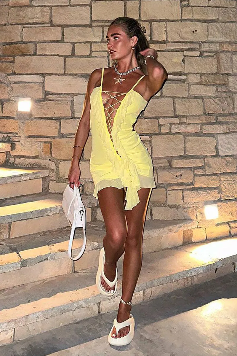 Yellow Lace Up Front Frill Detail Mini Dress - Anika
