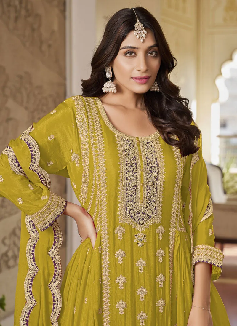 Yellow Multi Embroidery Anarkali Sharara Suit