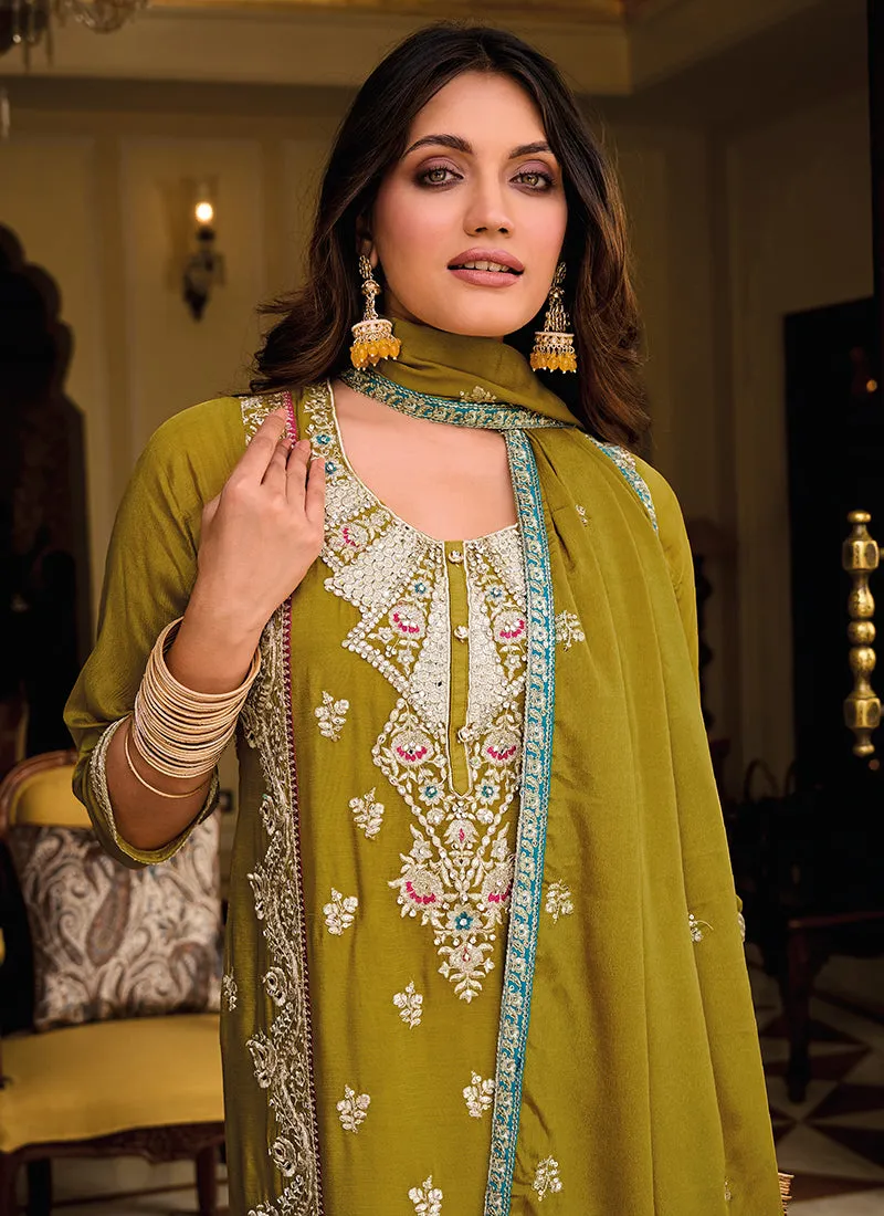 Yellow Sequence Embroidery Designer Pant Style Suit