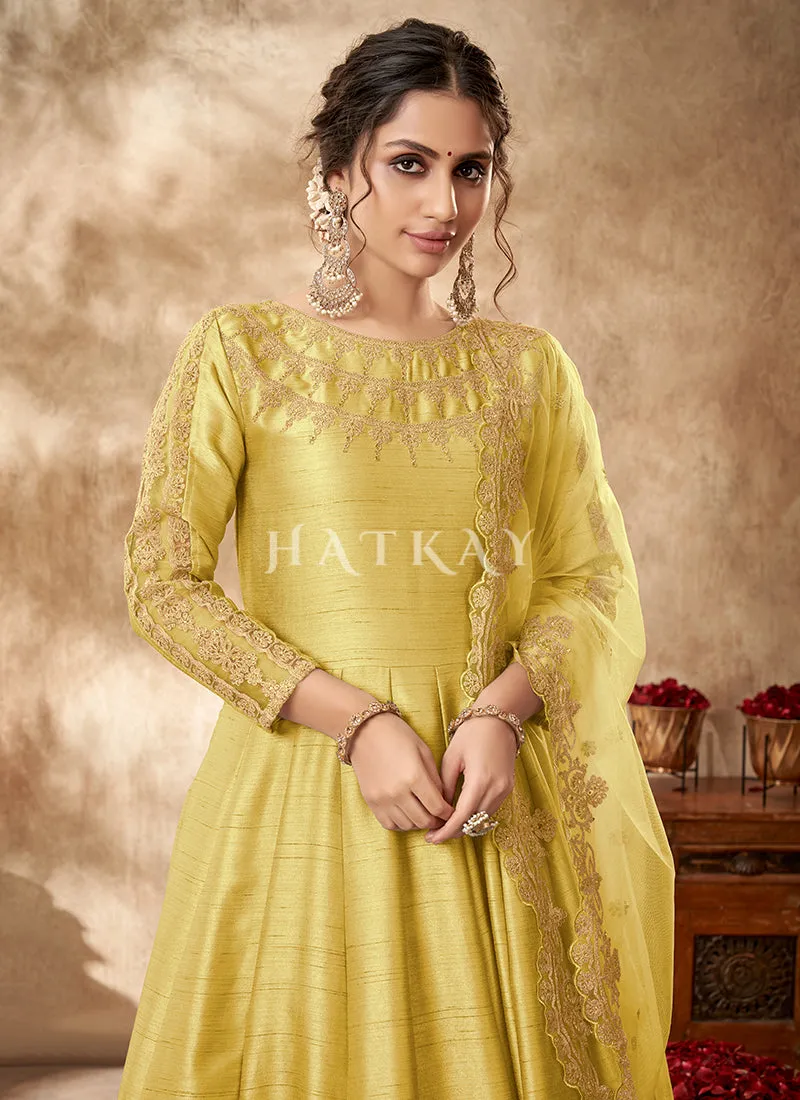 Yellow Zari Embroidered Traditional Silk Anarkali